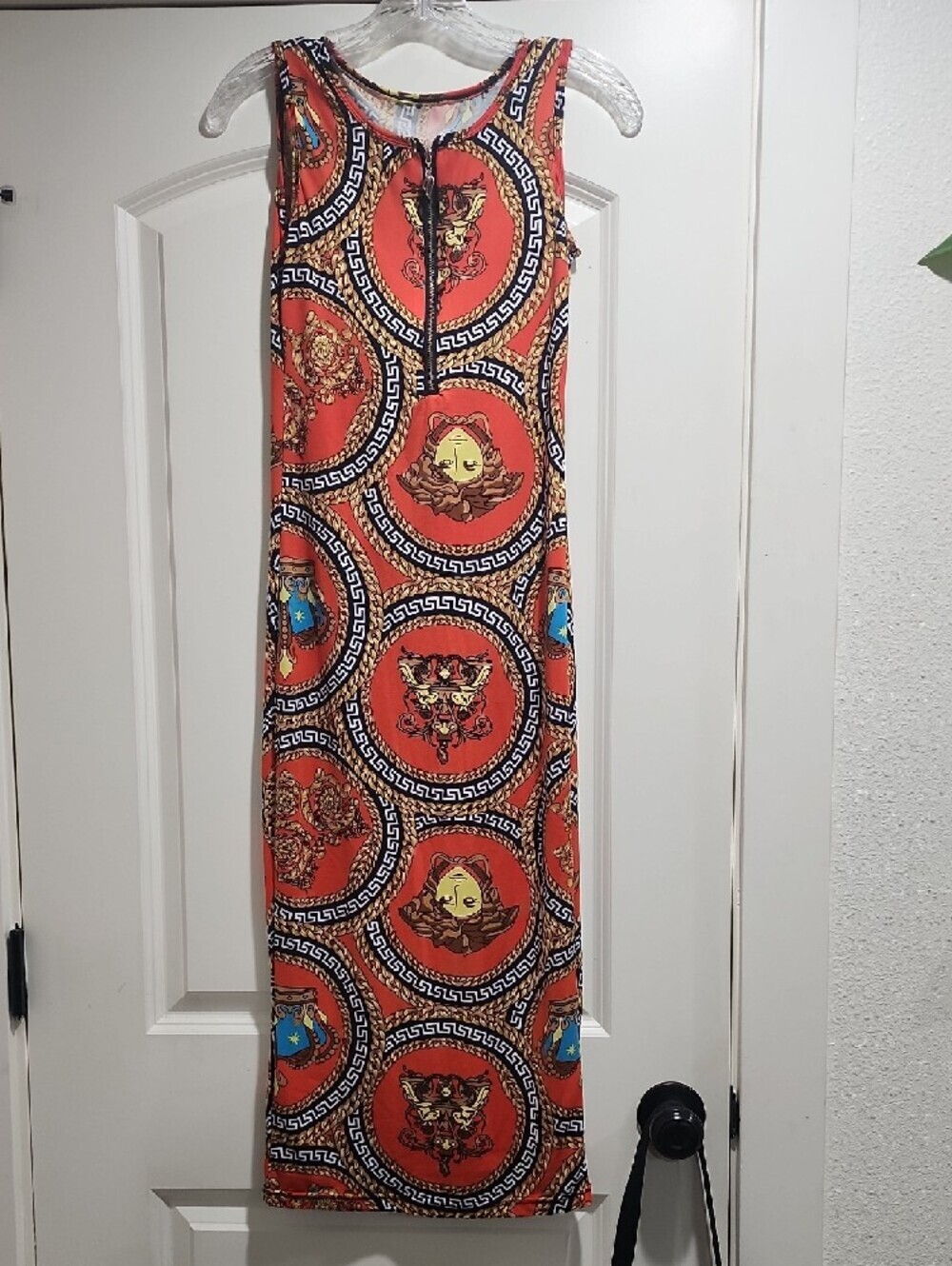 Baroque Medusa Inspired Maxi Dress Greek Key Chain Print Sleeveless SMALL